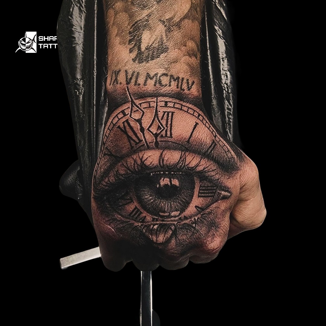 Dieses faszinierende Hand-Tattoo kombiniert die filigranen Details eines realistischen Auges mit der Symbolik einer Uhr. Das Auge steht für Vision und Bewusstsein, während die Uhr den Lauf der Zeit und die Bedeutung besonderer Momente im Leben repräsentiert. Die römischen Ziffern verleihen dem Design eine zeitlose Eleganz, und die Platzierung auf der Hand macht dieses Kunstwerk zu einem echten Blickfang.

Du suchst ein Tattoo, das Kunstfertigkeit und tiefgründige Symbolik vereint? Vereinbare jetzt deinen Termin auf www.sharktattoo.de oder rufe uns an unter +49 174 4552303. Lass uns deine Vision verwirklichen! 🖤✨