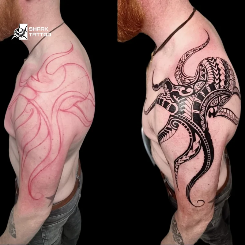 🐙 Freihand-Tribal-Oktopus-Tattoo – Eine Mutige und Einzigartige Kreation 🐙
