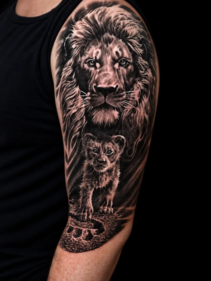 Löwe mit Jungtier – Realismus Tattoo
