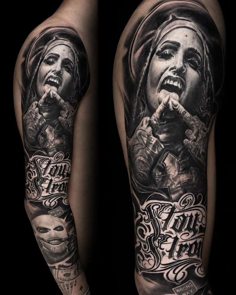 Ausdrucksstarker Black & Grey Sleeve mit realistischem Frauenporträt, markanten Kontrasten...